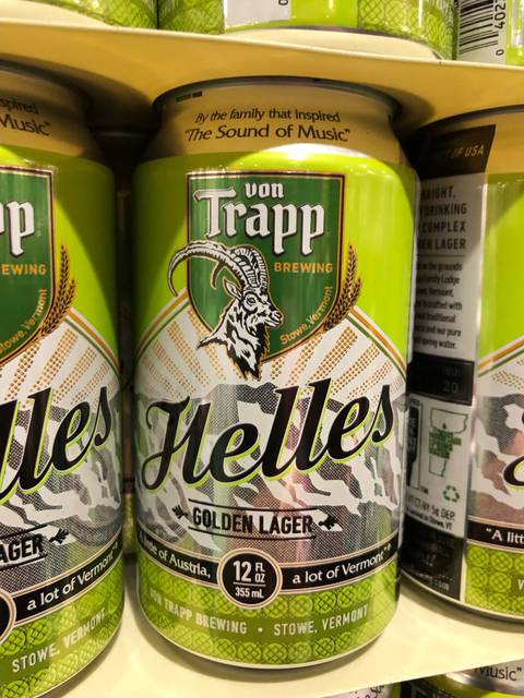 Close-up of Von Trapp brewing beer cans.