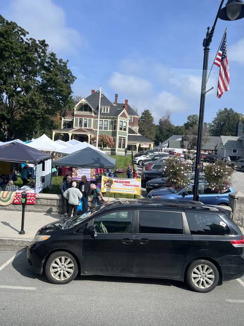 Outdoor market scene with people and stalls.