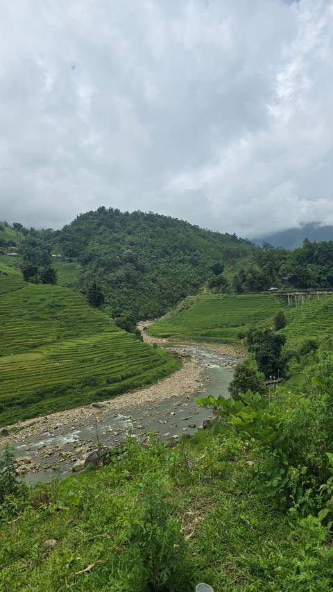       River flowing through green terraces and mountains
  
