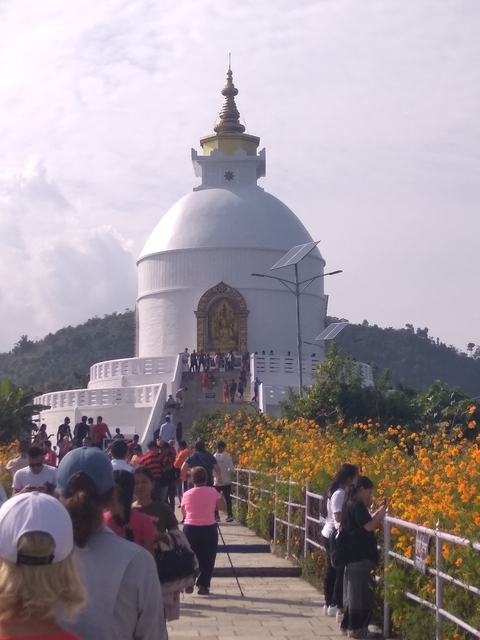      World Peace Pagoda with visitors climbing the stairs.
  