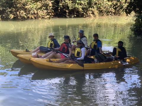       A group kayaking in calm waters with trees surrounding the area.
  