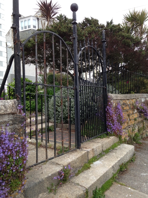       Iron gate with purple flowers surrounding it.
  