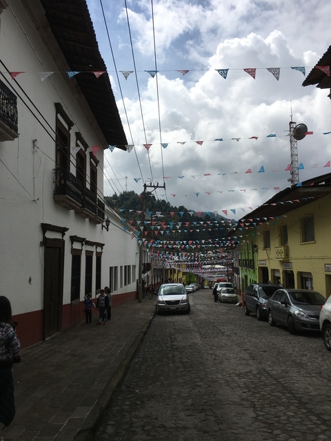       Festive street with flags and traditional buildings.
  