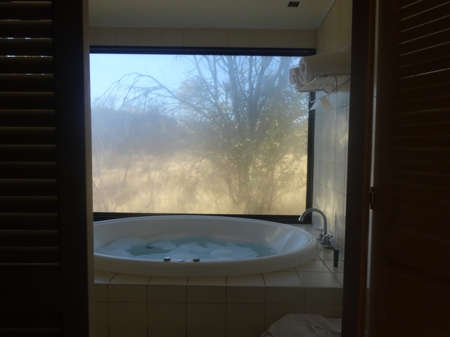 A bathtub with a large window view of dry wilderness outside.