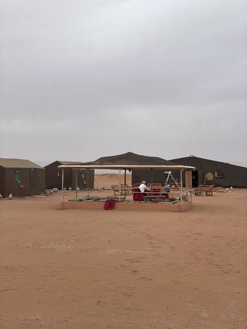 A desert camp with tents and people.
