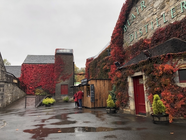       Distillery building covered in red foliage with visitors in front.
  
