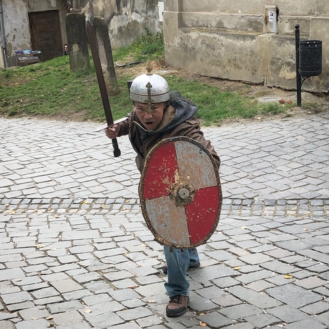 Person dressed in medieval armor with a shield and sword.