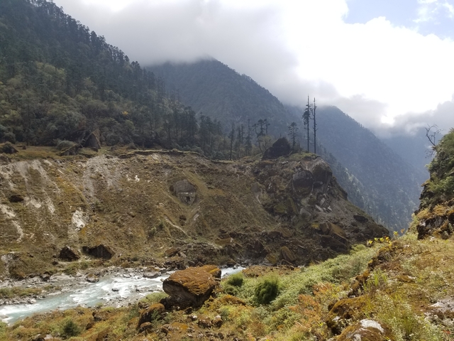       Mountainous landscape with river and forest.
  