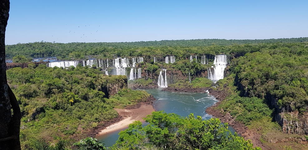 Panoramic view of Iguazu Falls surrounded by dense greenery from afar.
