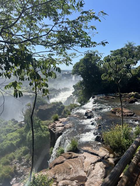 Waterfall with trees and flowing water.