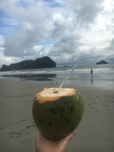 Coconut with a straw on a beach under cloudy skies.