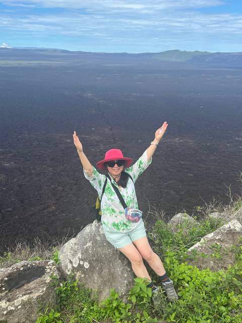       A person sitting on a rocky landscape with their arms raised.
  