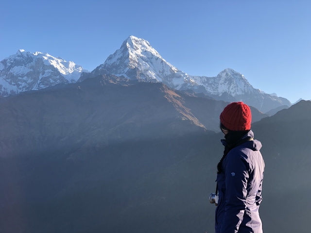 Person observing snowy mountain peaks.