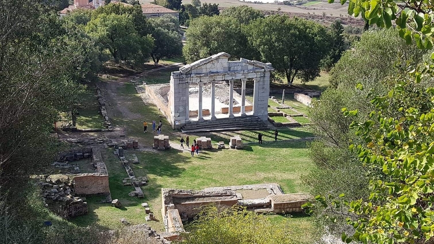 Ancient ruins with columns surrounded by greenery.