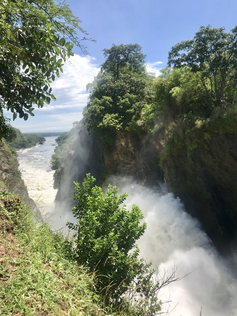       View of Murchison Falls with water cascading between cliffs.
  
