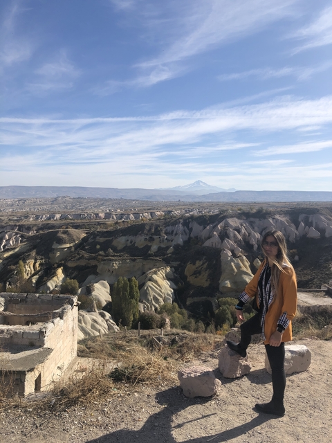       Woman standing before a vast rocky landscape.
  