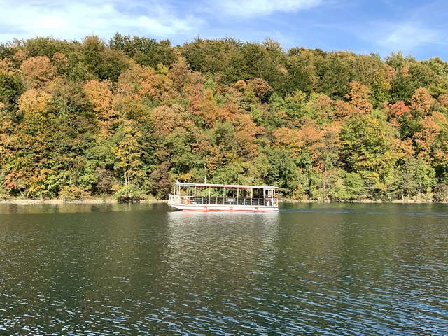 Tourist boat on a lake against autumnal forest.
