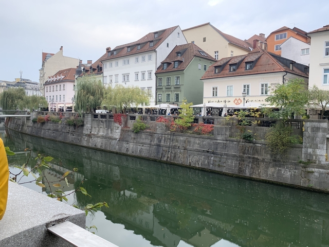 Riverside buildings with colorful facades and a lush, green waterfront.
