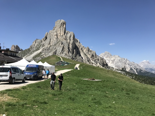 Mountain hiking scene with rocky peaks