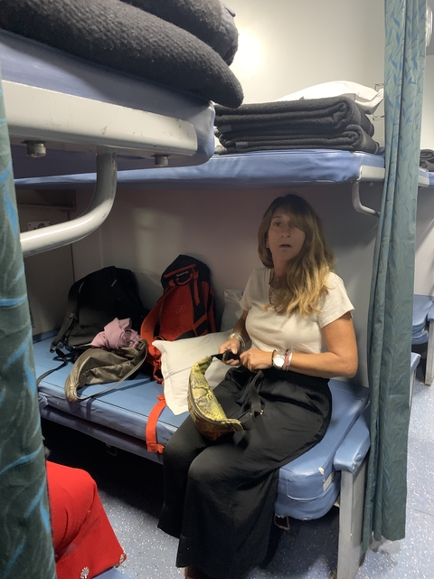       Person sitting inside a train compartment with belongings.
  