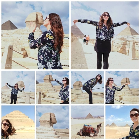       Collage of people posing with Sphinx in background
  