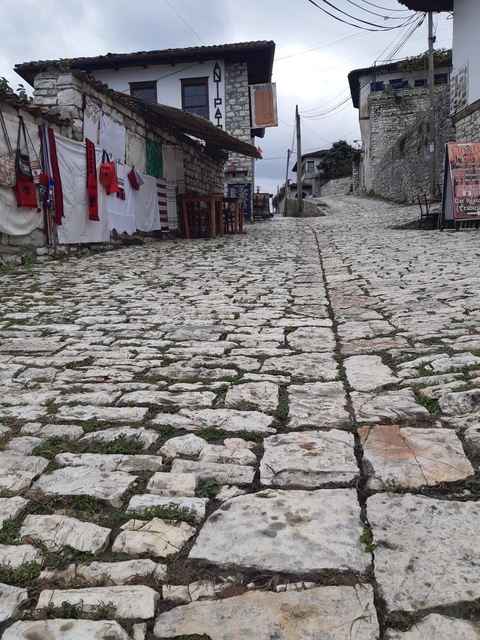 Cobblestone street with scattered grass