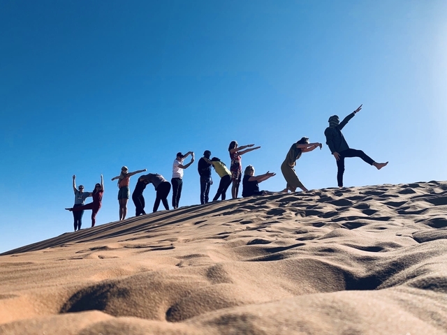       Silhouette of a group of people on a sand dune striking poses.
  