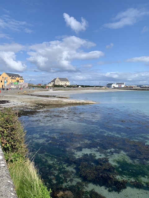 Coastal village with buildings and a stone sea wall.