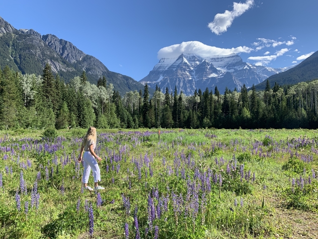 Woman walking in a field with flowers and a mountain view.