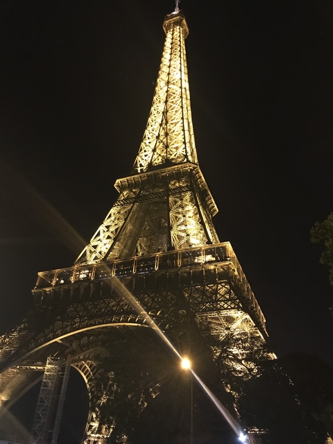       Eiffel Tower lit up at night.
  