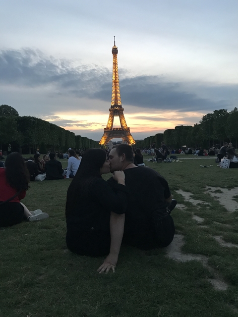       Couple kissing in a park with the Eiffel Tower in the background during sunset.
  
