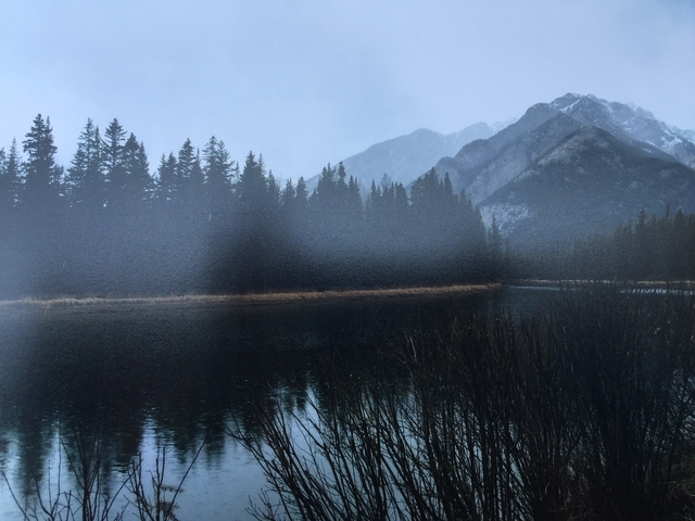       Lake surrounded by trees with a mountain in the background.
  