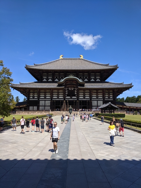 Large historic temple with visitors at the entrance