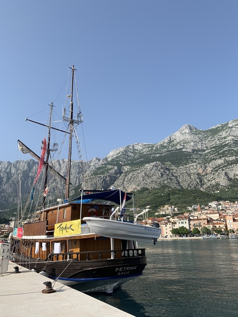 A boat in a harbor with mountains in the background.