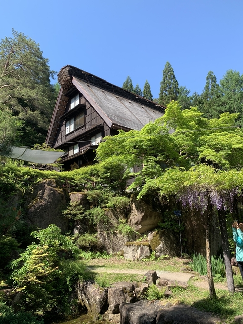 Traditional Japanese house with lush green garden.