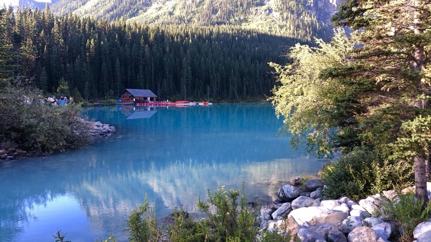 Lake with a cabin and boats, surrounded by forest.