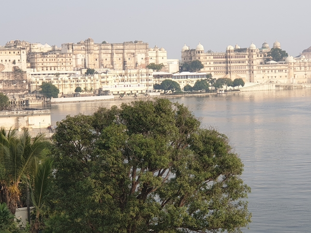 Historic buildings along a waterfront with trees in the foreground.