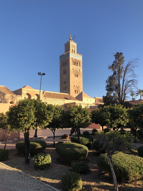       Tall tower in a courtyard with surrounding greenery.
  
