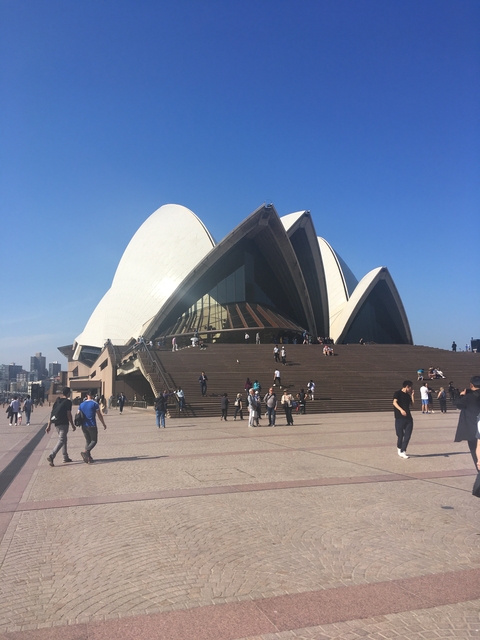       Sydney Opera House steps with many visitors.
  