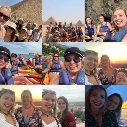 Collage of group photos and activities with people at a beach and kayaking.