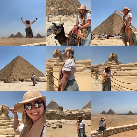 Collage of photos featuring pyramids and the Sphinx with tourists.