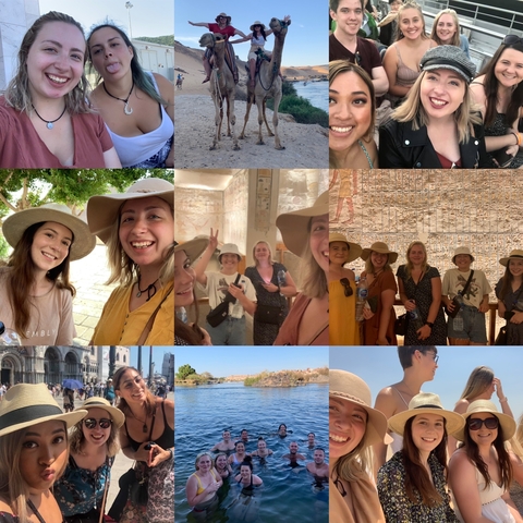 Collage of people visiting ancient sites with hieroglyphs.