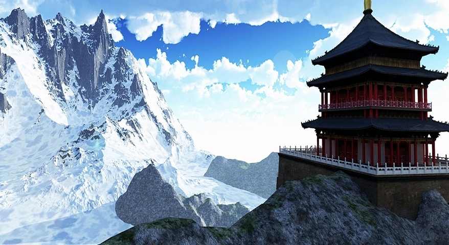 Pagoda on a mountain with snow-covered peaks.