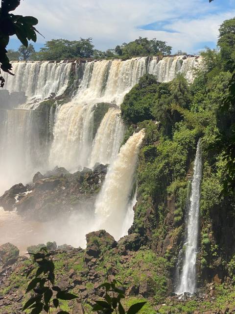       Close-up view of cascading waterfalls and foliage.
  