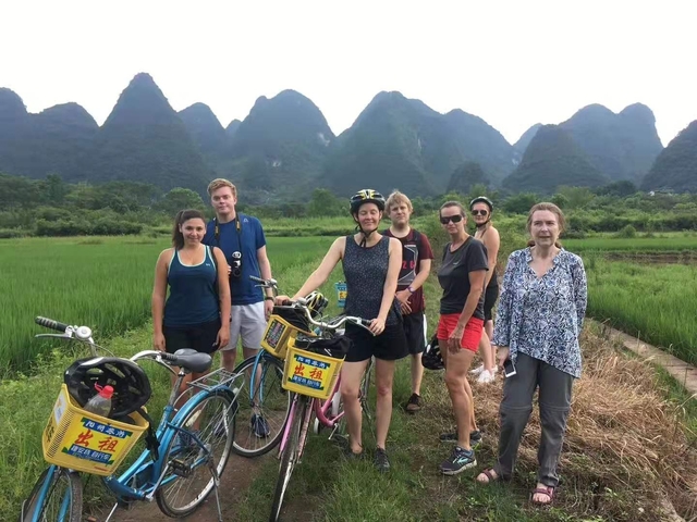 Group of cyclists in a field with karst mountains.