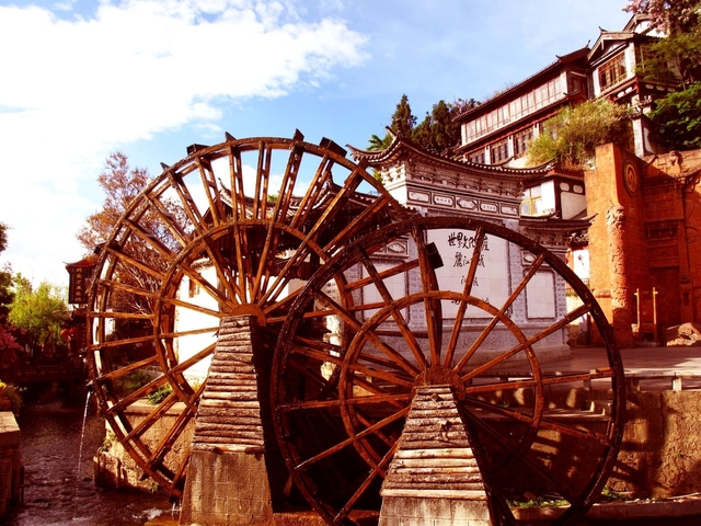       Large wooden waterwheels by a building.
  