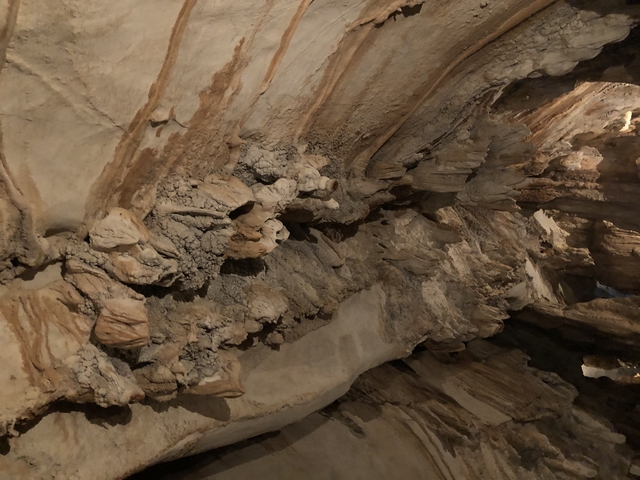       Stalactites and rock formations in a cave with dim lighting.
  