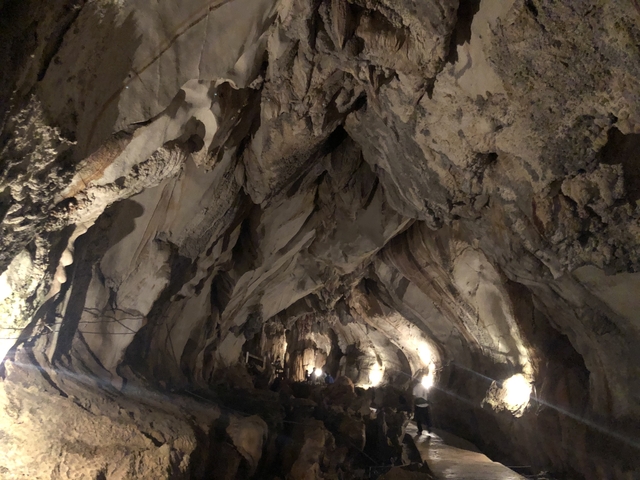       Dimly lit cavern with various rock formations along a lit path.
  