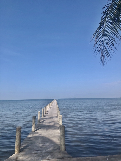       Long pier extending into the ocean under clear skies.
  