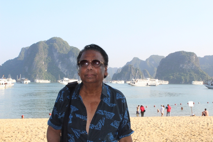 Person on a beach with limestone karsts in the background.